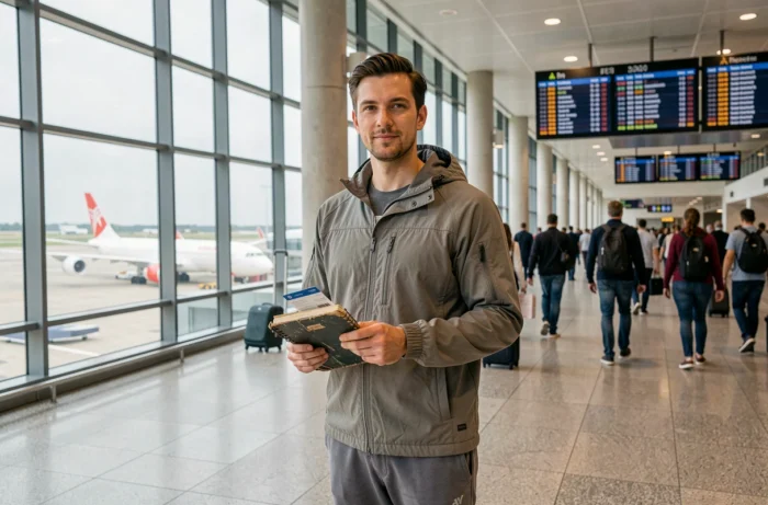 Voyageur indépendant avec carnet et carte d'embarquement dans un aéroport international pour un voyage économique autour du monde