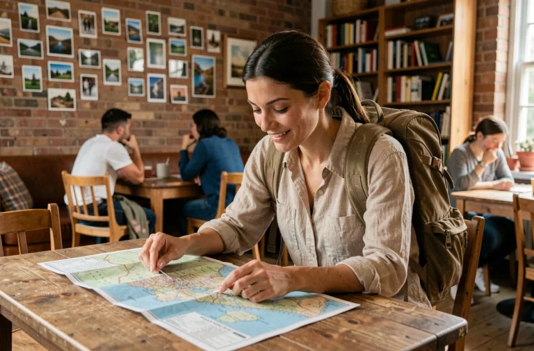 Jeune femme voyageuse étudiant une carte dans un auberge de jeunesse économique pour planifier un tour du monde petit budget