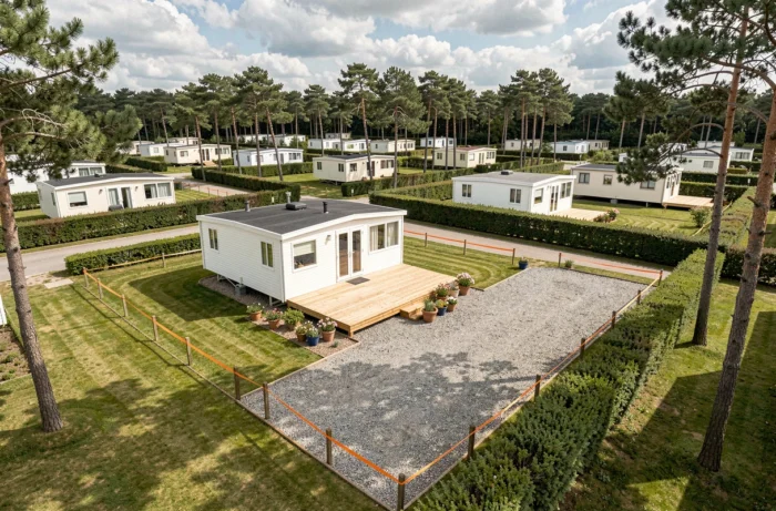 Vue aérienne d'une parcelle de terrain avec mobil-home et terrasse en bois dans un parc résidentiel de loisirs