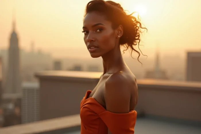 Jeune femme élégante en robe terracotta avec une coiffure élaborée debout sur une terrasse avec vue sur la ville au coucher du soleil, inspiré du style de Zendaya